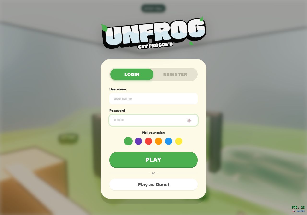 Unfrog — The live entry screen, with login and character colour selection.